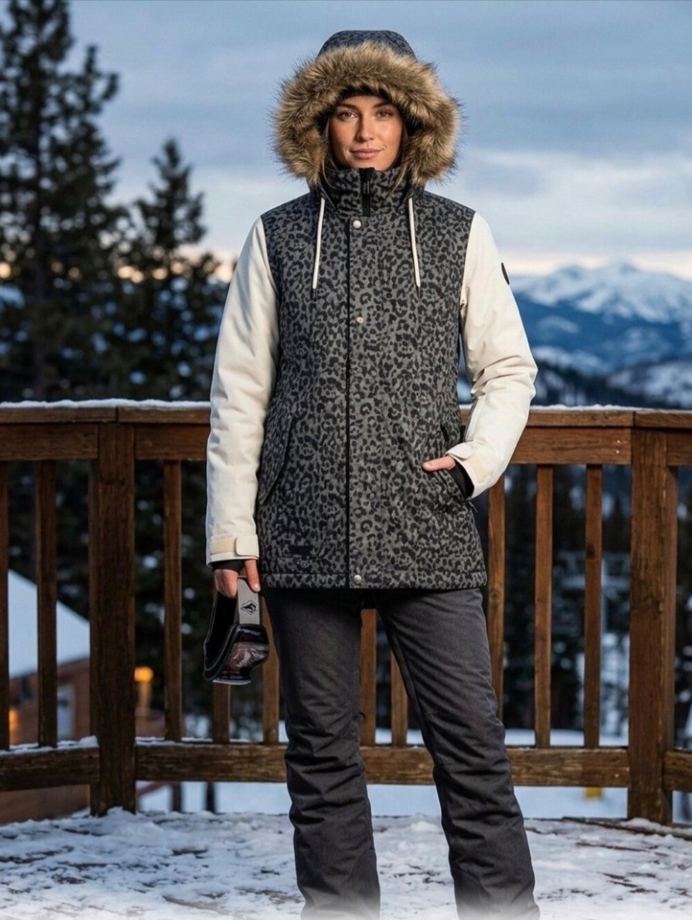 Volcom Gray Leopard-Print Ski Jacket with Cream Sleeves